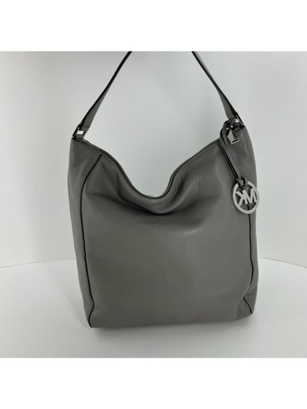 Michael Kors Sloan Hobo Shoulder Bag Womens Turn Lock Pockets Leather Gray Black - Picture 3 of 13